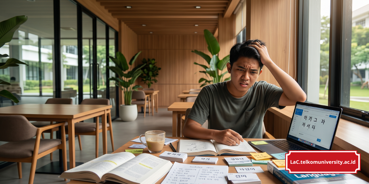 Seorang mahasiswa tampak bingung dan frustrasi saat belajar bahasa Korea sendirian di depan laptop dengan buku dan catatan berserakan di meja