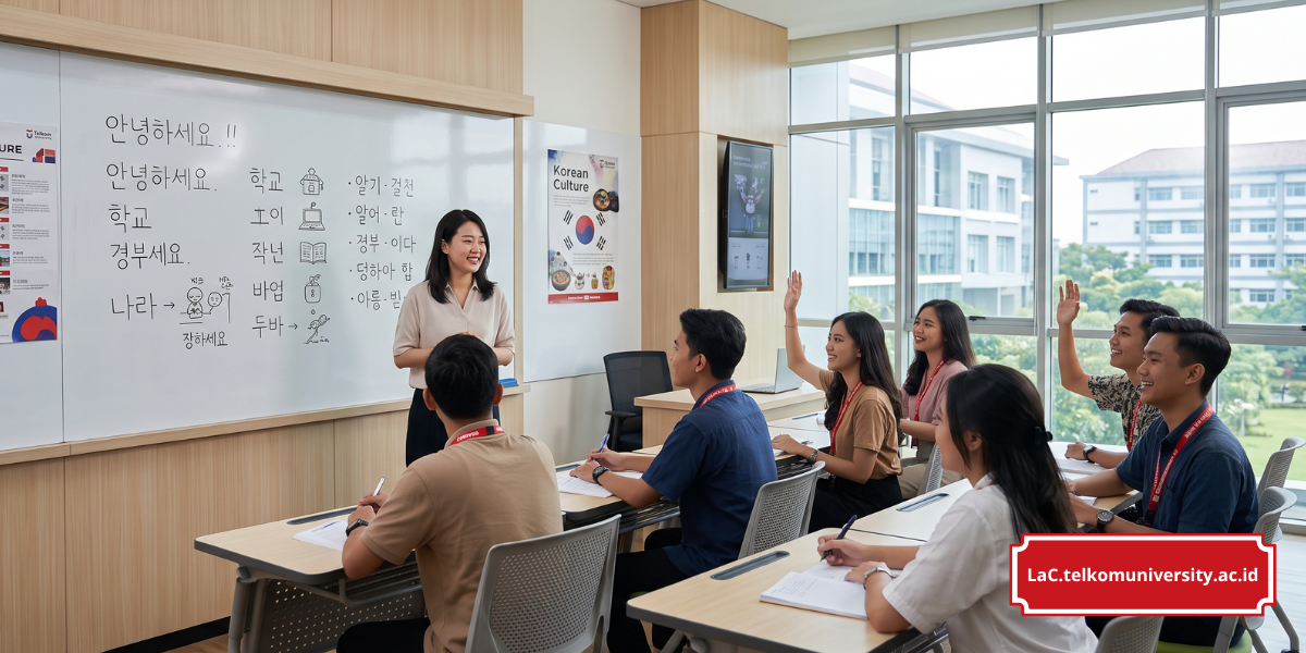 Seorang mentor penutur asli Korea sedang mengajar dan menjelaskan materi bahasa Korea kepada kelompok kecil mahasiswa di kelas yang nyaman