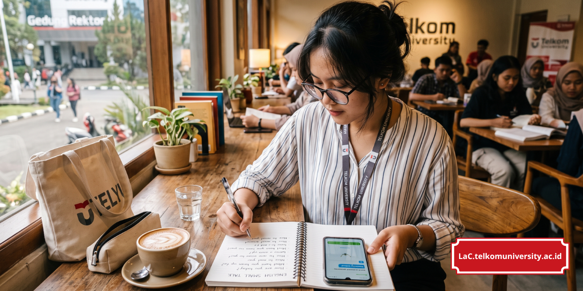 Seseorang menggunakan smartphone untuk mencatat frasa small talk bahasa Inggris