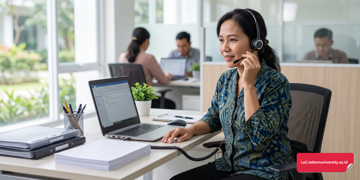 Staf administrasi menerima telepon menggunakan bahasa Inggris di kantor kampus
