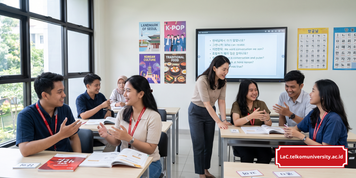 Suasana kelas kursus bahasa Korea King Sejong Institute yang aktif, dengan para peserta berlatih percakapan bahasa Korea bersama pengajar