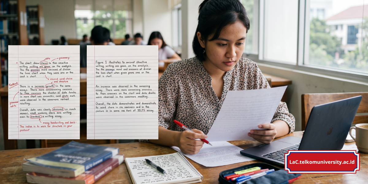 Tabel perbandingan penggunaan tenses yang benar dalam IELTS Writing Task 1 dan Task 2, dilengkapi contoh kalimat untuk data masa lalu dan tren umum