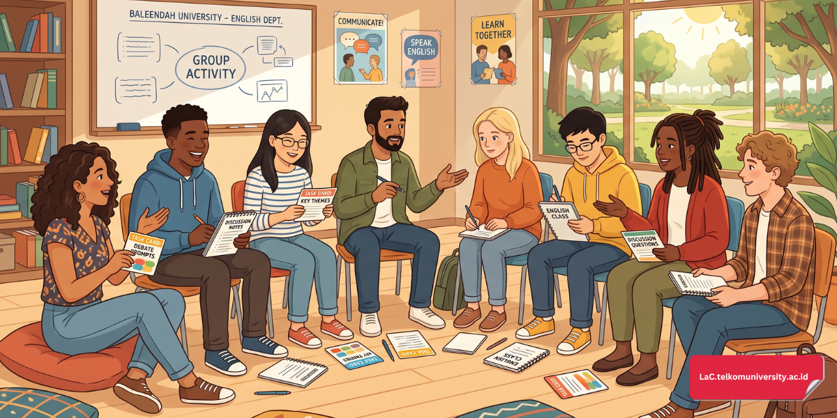 siswa berdiskusi kelompok dalam kegiatan speaking bahasa Inggris yang interaktif