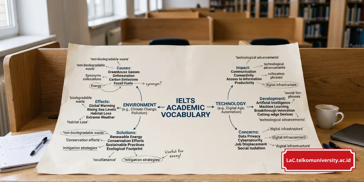 Tampilan mind map kosakata tematik IELTS untuk topik lingkungan dan teknologi sebagai strategi belajar efektif